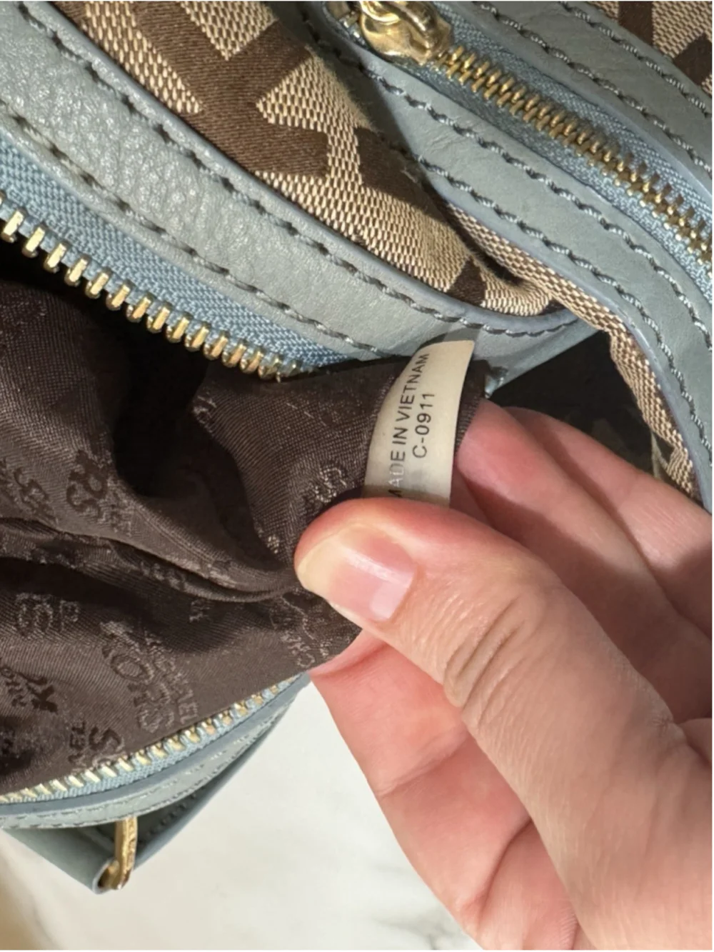 MICHAEL KORS monogram Beige Blue Teal jacquard LARGE satchel Y2K EUC Purse Bag